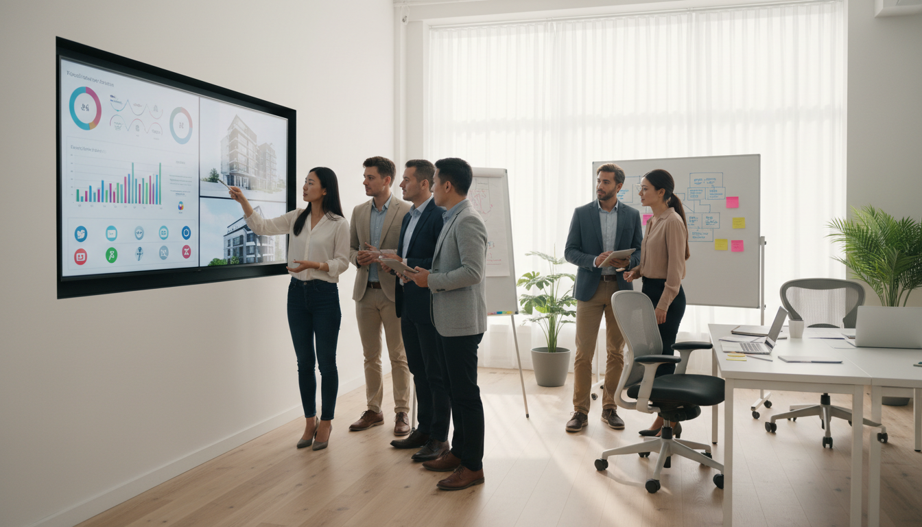 Команда маркетологов разрабатывает SMM-стратегию для строительной компании.