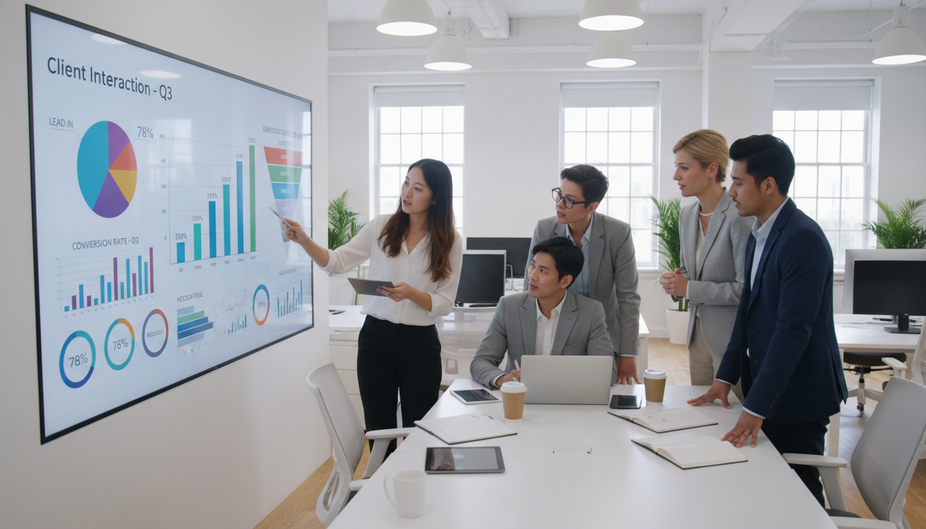 Команда менеджеров по продажам обсуждает данные CRM в современном офисе