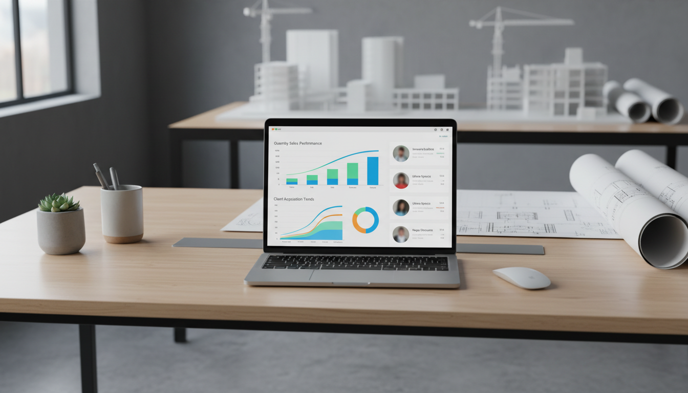 CRM-система на экране ноутбука в офисе застройщика