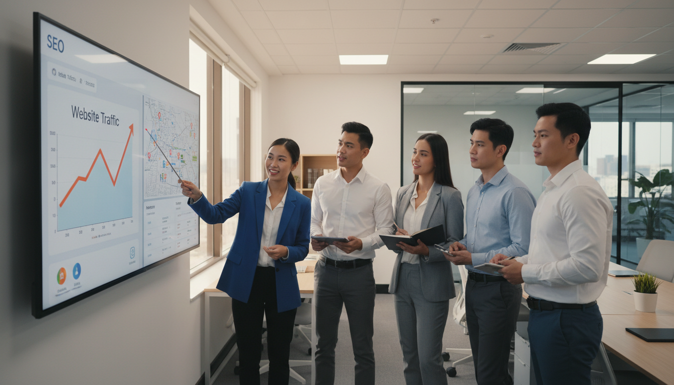 Команда маркетологов анализирует данные SEO для застройщика